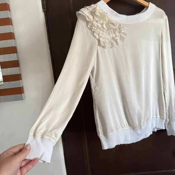 Y2K Vintage DOLCE & GABBANA | Silk Ruffle Shoulder Sweatshirt Top Wool trim Sz 8 - Picture 3 of 7